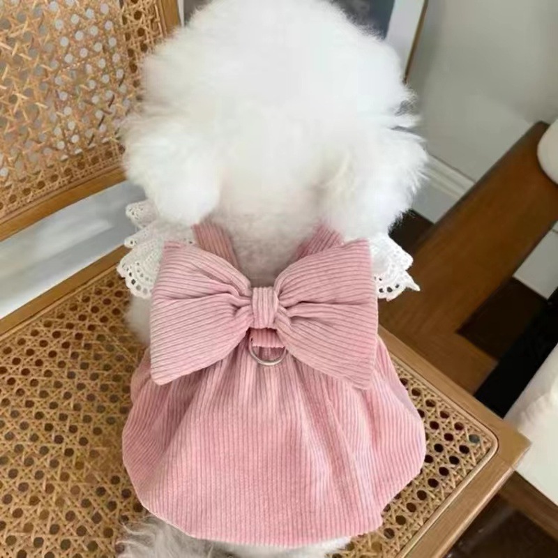 宠物狗狗衣服裙子带牵引扣秋冬泰迪博美比熊雪纳瑞灯芯绒公主裙子