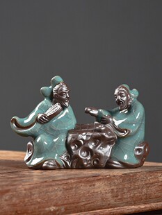 哥窑茶宠竹林七贤禅意迷你陶瓷摆件创意下棋老头茶盘装饰品茶配