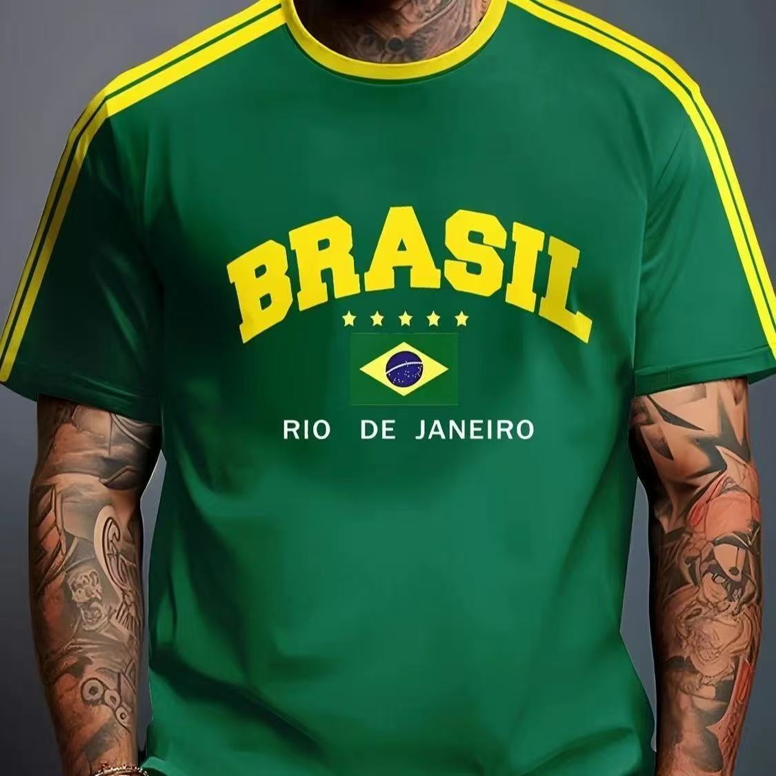 巴西印花短袖T恤男复古拼接风宽松潮流足球服绿色圆领上衣3D男款