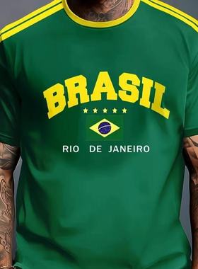 巴西印花短袖T恤男复古拼接风宽松潮流足球服绿色圆领上衣3D男款