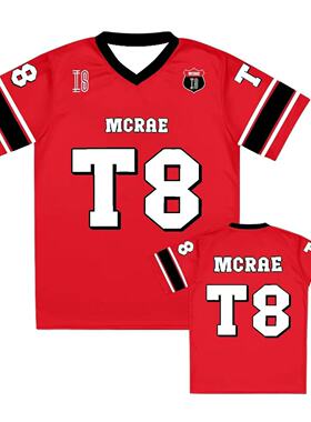 美式复古运动风T8 McRae数字印花V领短袖T恤男红色潮流情侣3D上衣