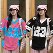 美式 女高复古撞色短袖 数字印花T恤V领辣妹甜酷Y2K球衣上衣显瘦bf