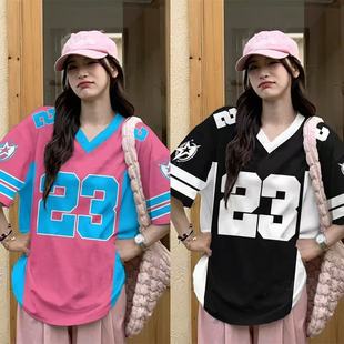 美式 数字印花T恤V领辣妹甜酷Y2K球衣上衣显瘦bf 女高复古撞色短袖