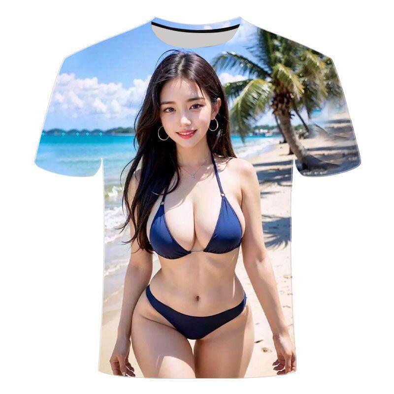 2024夏季新款3D印花短袖 爆款海边清凉比基尼美女系列 男款T恤