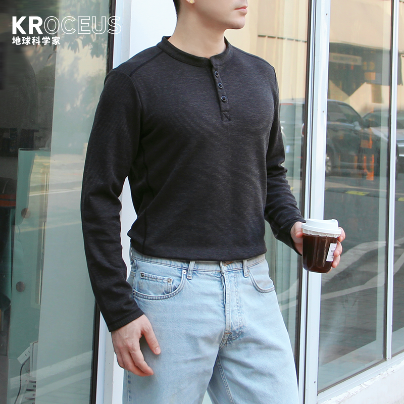 男士华夫格亨利衫 男式莱赛尔天丝蜂巢透气亨利领长袖T恤 高克重