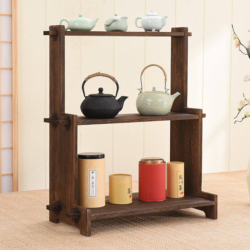 茶架子茶具架置物架实木茶叶柜小型茶室多层茶壶茶饼茶叶罐收纳架
