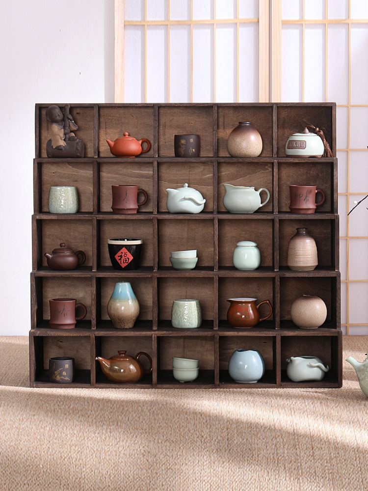 实木桌上收纳柜置物架博古架茶具茶杯架茶托盒多宝阁茶柜阶梯格子