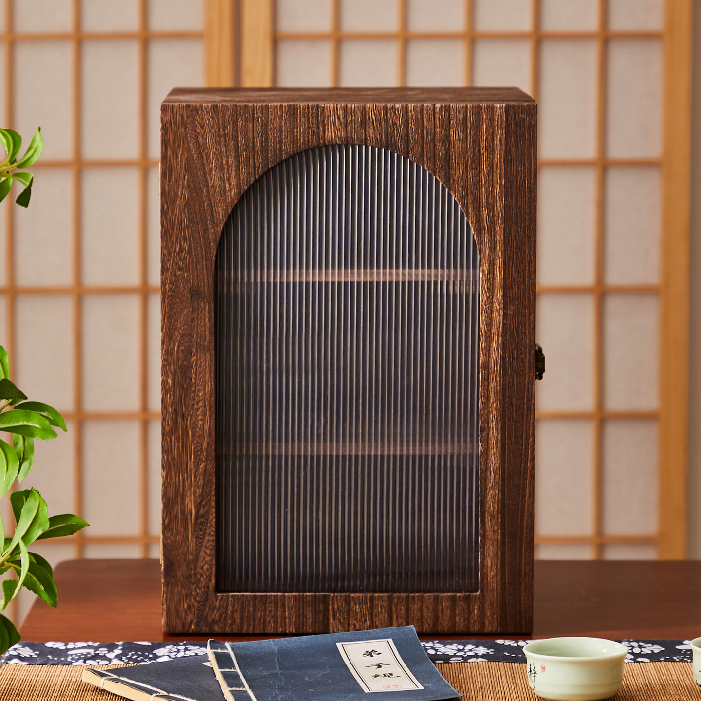 憨娃复古中式茶室储物柜条纹防尘