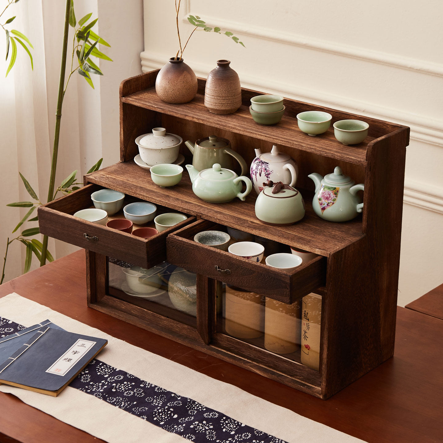 福业家俱桌面博古架茶杯收纳架茶具收纳柜置物架禅意防尘展示架盒