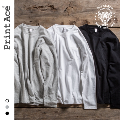 PrintAce18秋冬复古超重磅全棉无缝桶织带口袋圆领日系长袖男6238