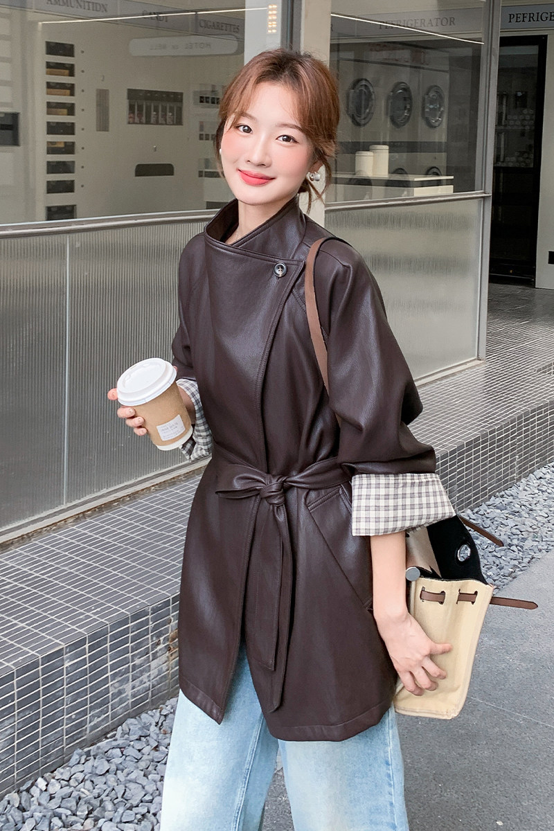 春秋新款时尚气质韩系设计感PU风衣外套女A562P175K248,女装短外套,2C268