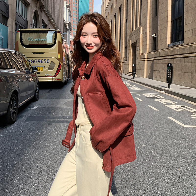 酒红色麂皮绒外套女新酷飒收腰系带夹克A566P160K238,女装短外套,2C268
