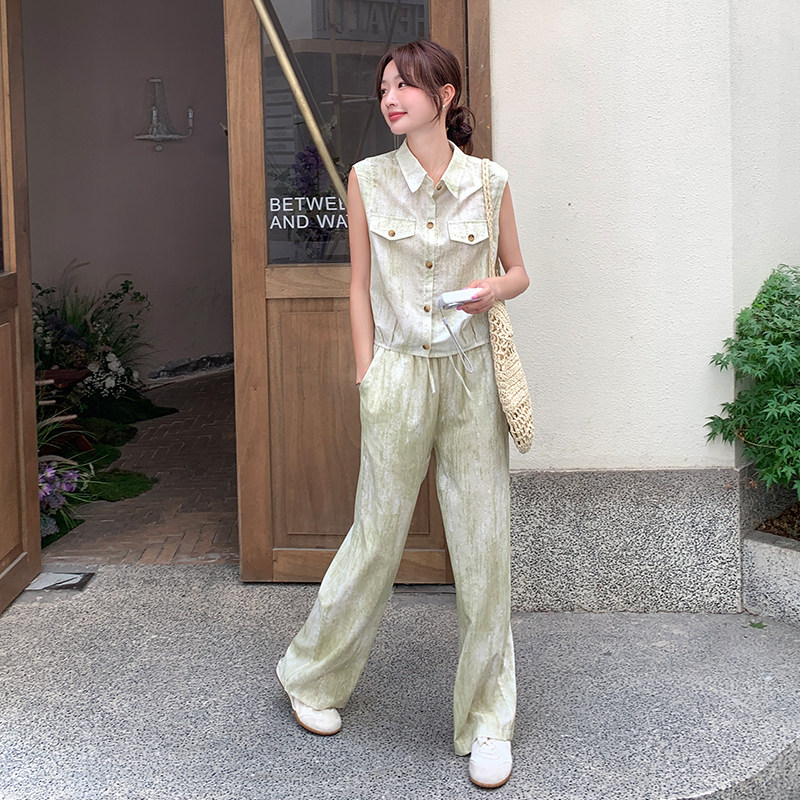 夏季新款绿色扎染时尚套装女2025年休闲两件套A559P155K218,女装套装/套裙,2C268