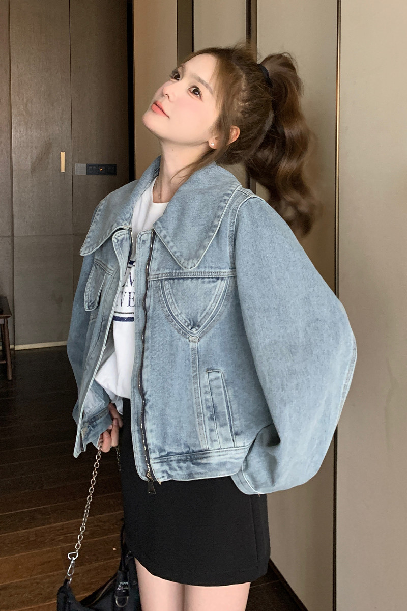 厚款春秋短外套春季大码荷叶边牛仔外套常规通勤女小个子长袖短款,女装短外套,2C268