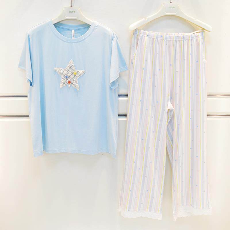 妮可雅睡衣2026夏季女士舒芙棉素色气质淑女可爱短袖长裤家居服套