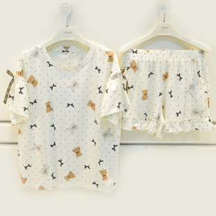 家居服套 短裤 品牌睡衣2025夏季 女士冰爽棉点点卡通可爱小熊短袖