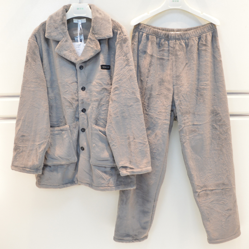 伊姿娇娜睡衣冬季男士法兰绒保暖素色简约青年帅气宽松家居服套