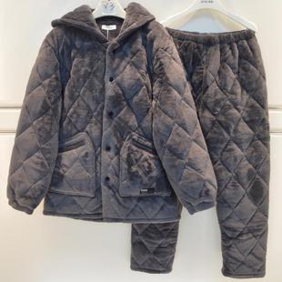 雪尔绵睡衣2026冬季男士素色法兰绒三层加厚夹棉连帽简约家居服套