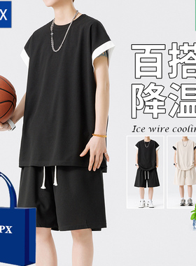 ampx运动套装男夏季新款宽松圆领短袖T恤青年直筒五分裤篮球套装