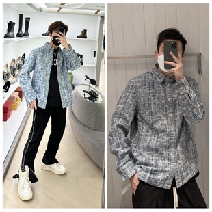 CHESTER CHARLES 2023早春男款藍色水洗做舊條肌理感寬松牛仔襯衫