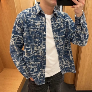 CHESTER CHARLES 2024夏季男款暗花蓝色长袖牛仔外套衬衫香港代购