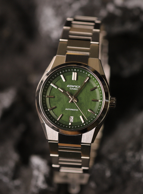 卡西欧机械表男表EDIFICE钢带防水背透绿色三针简约EFK-100D-3A