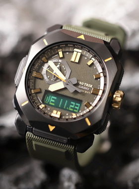 卡西欧男士登山腕表太阳能运动防水双显时尚PRW-6900Y-3/1-YL-5