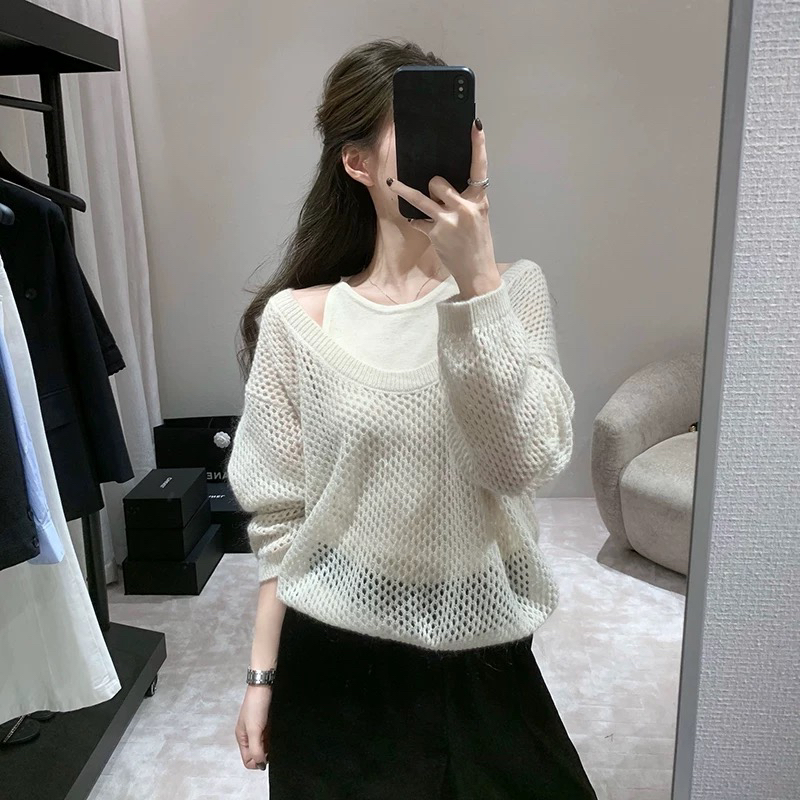 【特价现货】EASE杏色温柔慵懒风深U领长袖镂空针织衫罩衫