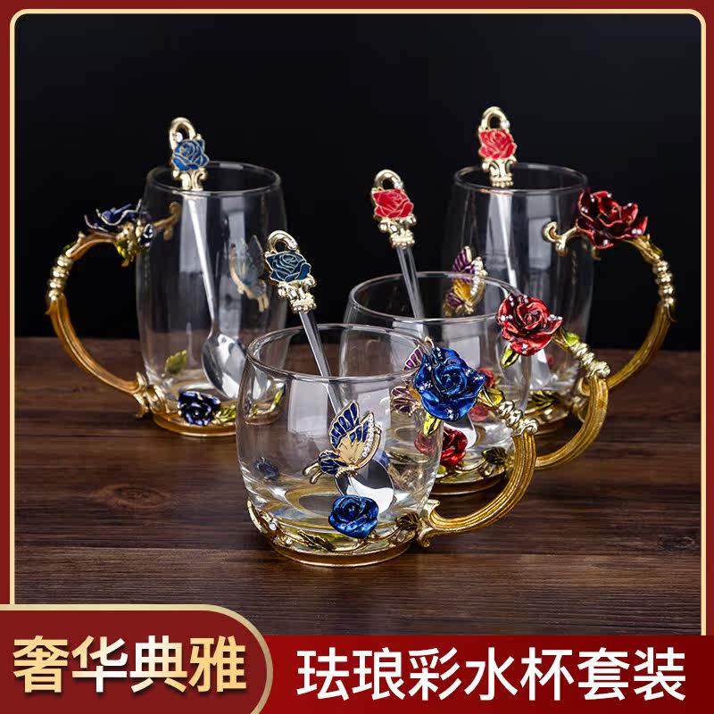 家用茶杯珐琅彩玫瑰水杯女神创意玻璃杯
