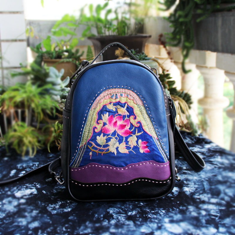民族风手工刺绣松桃绣双肩背包复古国风头层牛皮手提斜挎多用女包