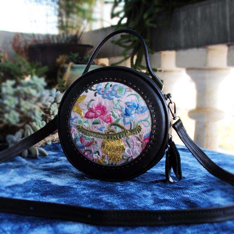民族风精品老绣包手工刺绣小圆包复古头层牛皮手提斜挎国风女包