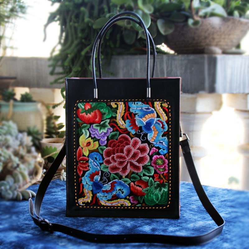 民族风老绣手工刺绣蝶恋花复古国风头层牛皮手提斜挎托特包女包