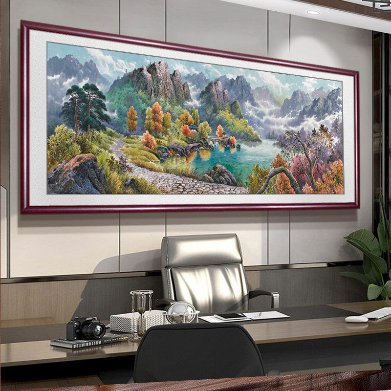 流水生财山水挂画沙发背景墙壁画办公室国画客厅大气装饰画风景画