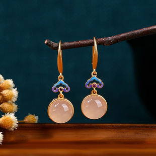 S925银镀金天然白色玉髓耳环国潮复古烧蓝祥云马面裙旗袍汉服耳饰