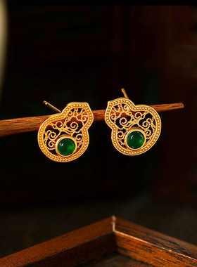 S925纯银镶嵌天然玉髓祖母绿葫芦福禄耳钉女古风镂空花丝耳环耳饰