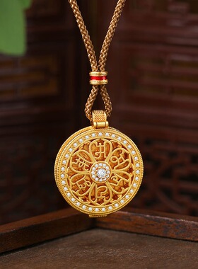 新中式黄金平替古法沙金轻奢八宝罗盘佛佑平安吊坠可开合编绳项链