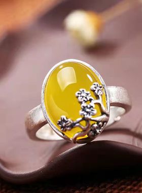 国潮黄玉髓梅花戒指女s925银哑光