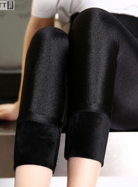 新款踩脚光泽裤打底裤外穿高腰显瘦加绒加厚女裤子弹力小脚裤大码