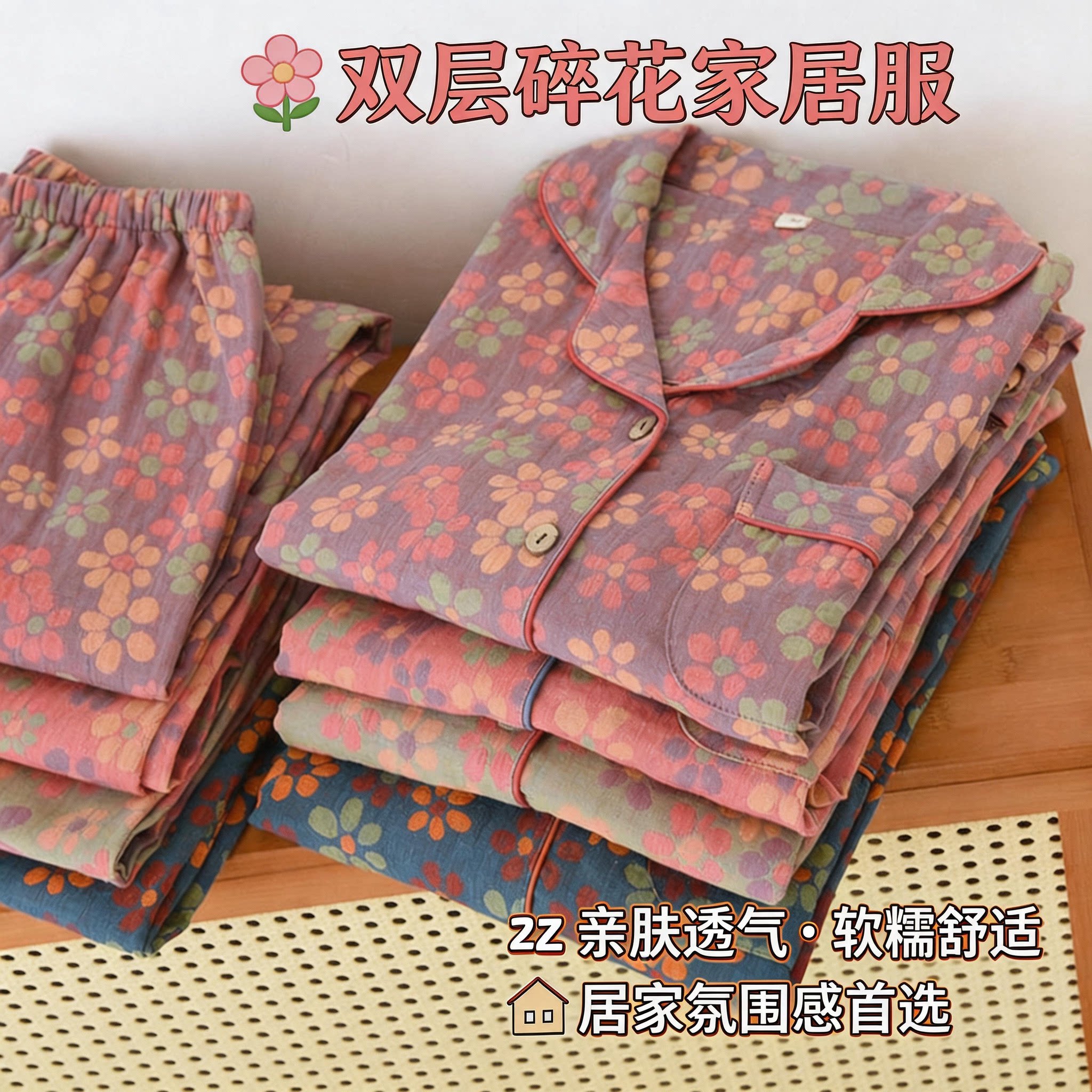 色织纯棉女春秋双层纱睡衣套装