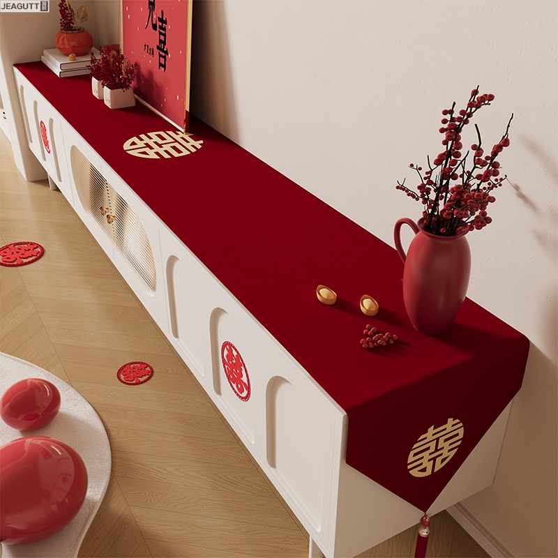 结婚红色电视柜桌布喜庆茶几餐边