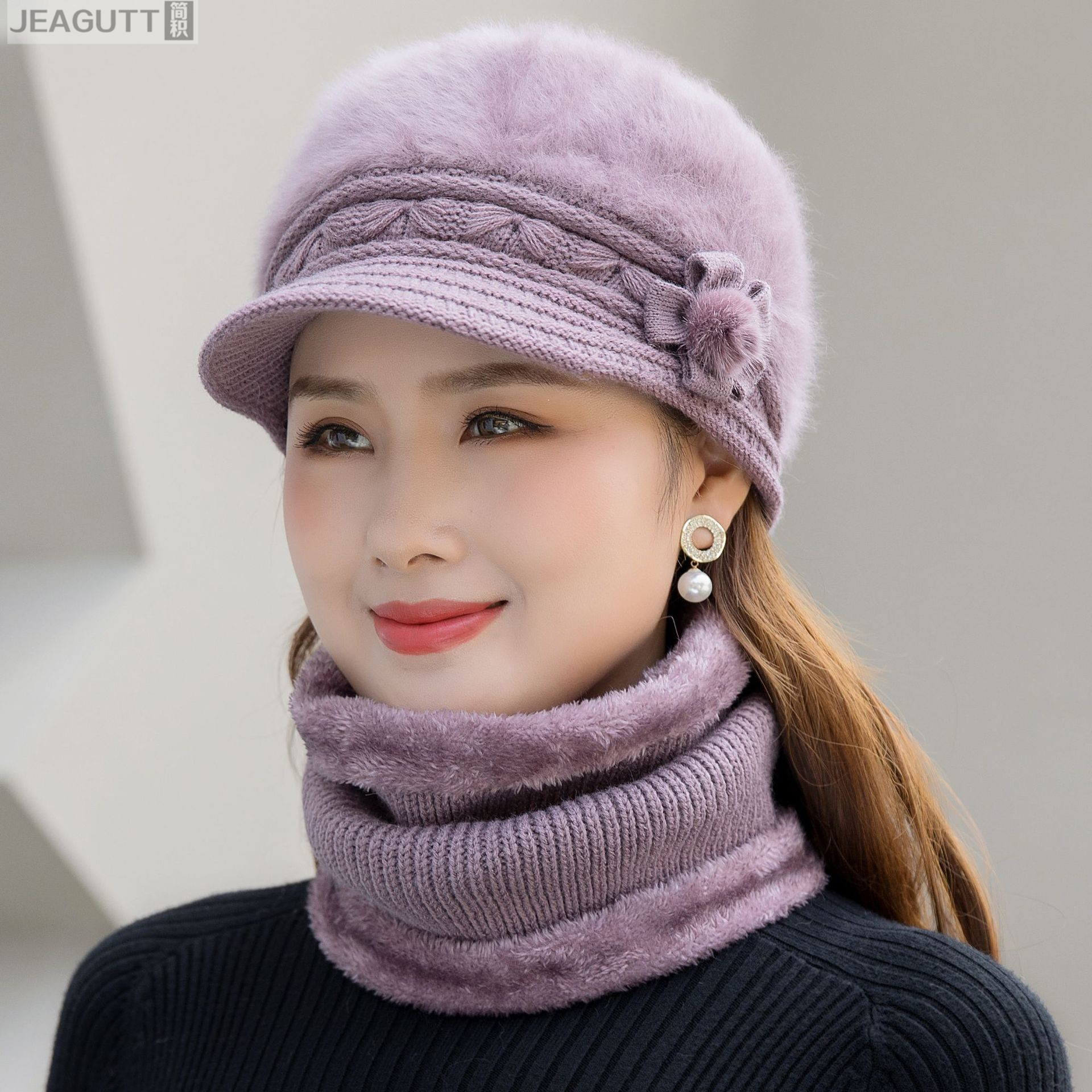 中老年人帽子围巾套装女冬天加厚