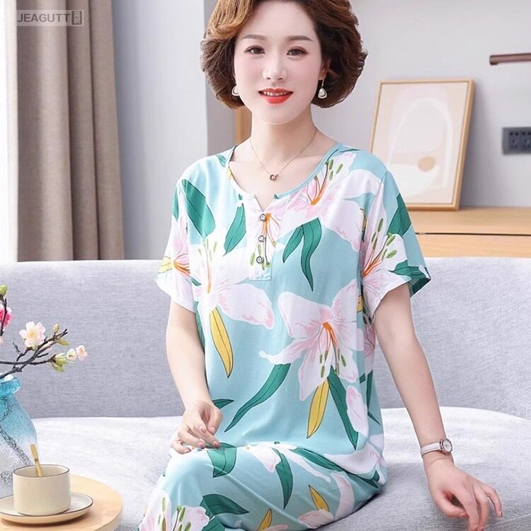 睡衣女短袖长裤中老年人妈妈