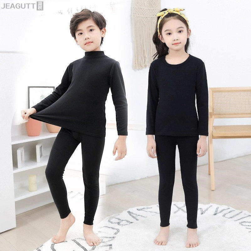 新款儿童保暖内衣套装加绒加厚男女童纯黑色秋衣秋裤紧身表演打底