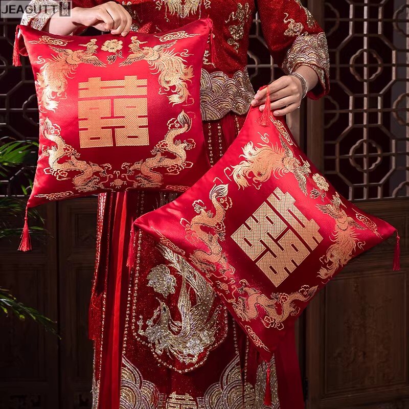 婚庆红色双喜十字绣抱枕一对