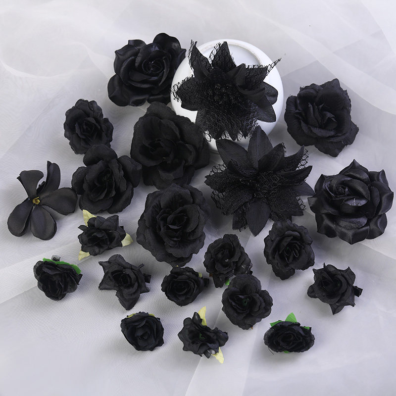 黑色系仿真花朵套装 假花DIY材料绢花簪花头饰学士帽粘花痛包装饰