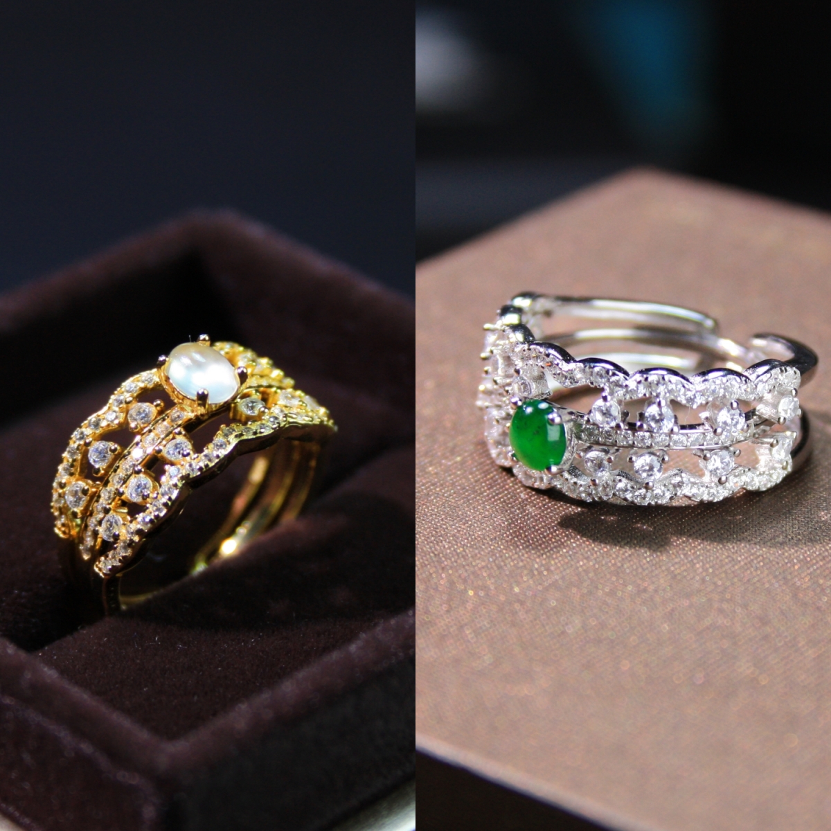 天然翡翠缅甸A货白冰 阳绿 两用冰种925银镀k金镶戒指