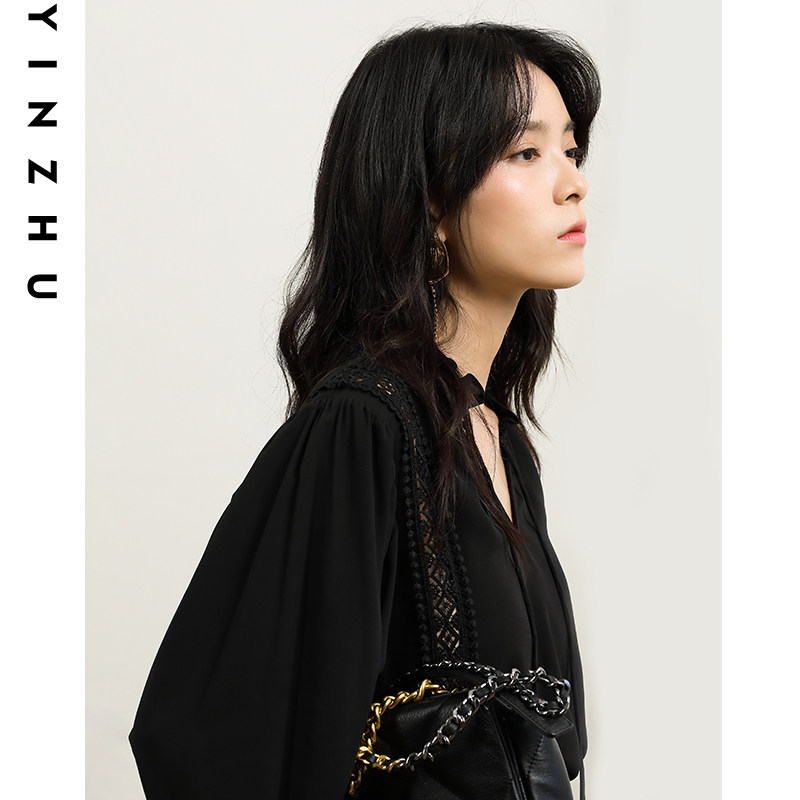 v领雪纺衫女灯笼袖设计感宽松宫廷风蕾丝拼接衬衫镂空系带上衣春