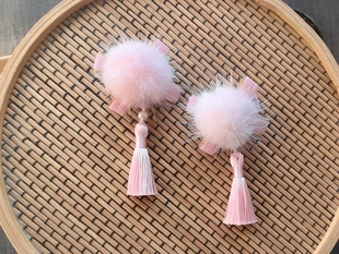 女童宝宝全包不伤发婴幼儿童新年古风拜年真水貂毛球流苏发夹对夹