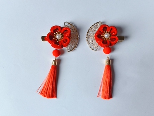 9.9包邮儿童古风汉服新年喜庆头饰女童红色水貂毛球流苏发夹对夹