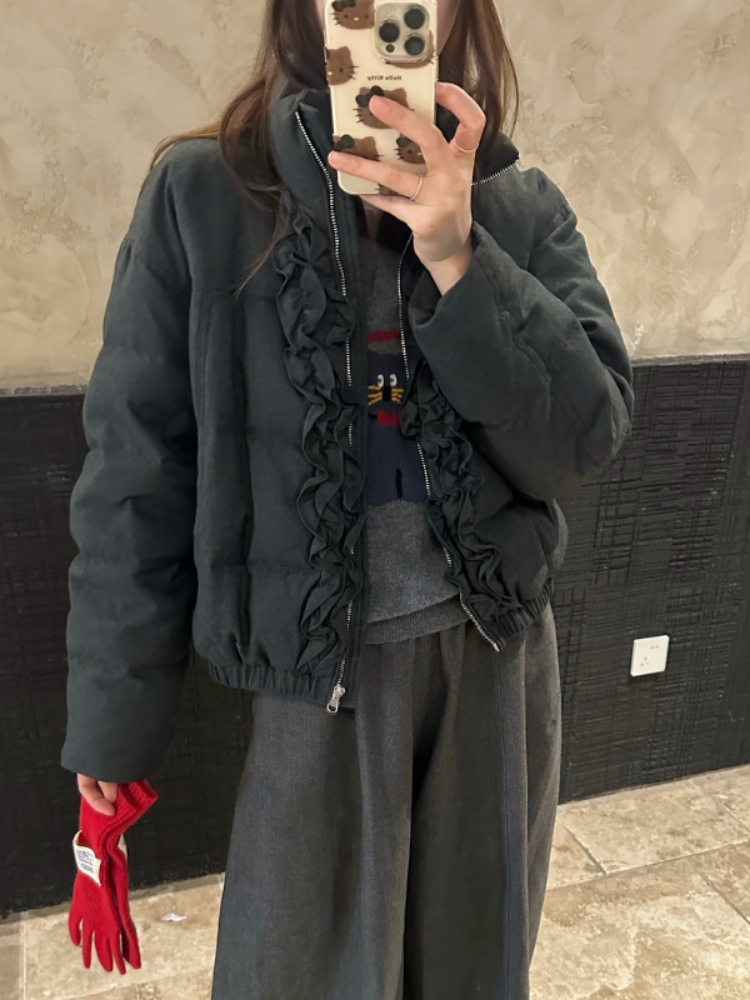 韩系时尚保暖木耳边拼接羽绒服外套女2025冬季新款短款洋气外套潮